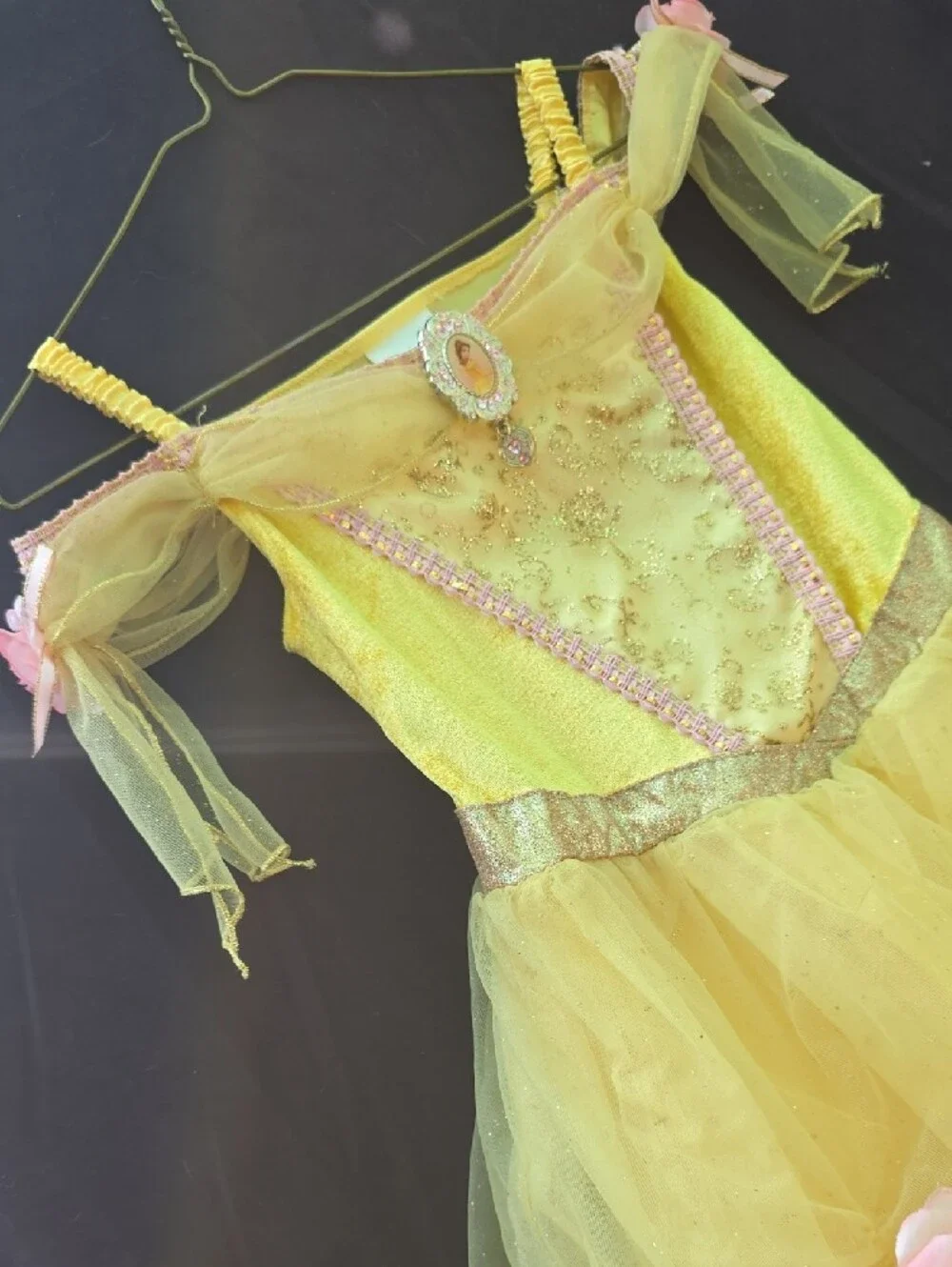 Disney Princess Belle Ball Gown Costume with Pink Floral Accents.